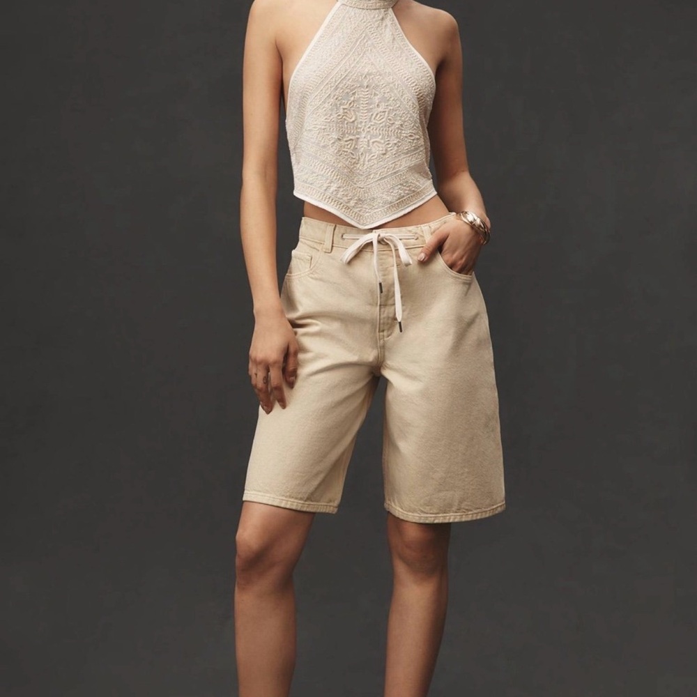 High-Waist Beige Women's Denim Bermuda Shorts